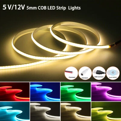5V 12V 1.64-16.4ft COB LED Flexible Tape Strip Lights USB Dimmable TV Room White - Image 1 of 4