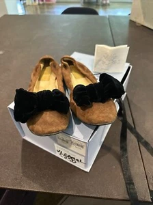 Lanvin Brown Camel Suede Leather Velvet Bow Scrunch Ballet Flats Size 38.5 8.5 - Picture 1 of 10