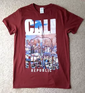 Adult Med CALI REPUBLIC T-SHIRT California City Skyline Bear Dark-Red BIG LOGO - Picture 1 of 4