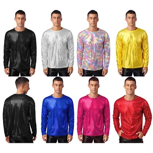 Men's Long Sleeve Shiny Sequin T-Shirt Round Neck Sparkle Glitter AU - Picture 1 of 71