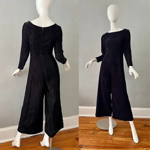 Vintage 60s Black DISCO Velvet MOD Wide Leg Pantsuit Jumpsuit XS - Picture 1 of 16