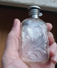 1890s CUT ENGRAVED PLANTS BLOWN GLASS POCKET WHISKEY FLASK STERLING HINGED LID