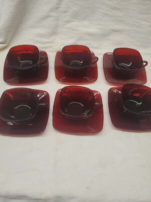 6 Ruby Red Glass Square Cups and Saucers Set by Anchor Hocking 1950-56 EUC - Image 1 of 4