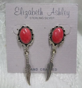 Vtg ELIZABETH ASHLEY .925 Sterling Silver RED STONE Feather Southwest Earrings - Picture 1 of 4