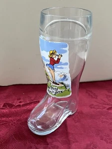 VTG 8” CLEAR GLASS BEER BOOT IN DIE BERG BIN IS GERN BRIGHT RISQUE GRAPHICS - Picture 1 of 9