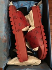 100%  AuthenticNEW GUCCI RED LEATHER HAMLET  FLIP FLOPS SLIDES SHOES 11 US 11.5