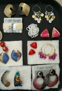 VTG Lot 10 PIERCED EARRINGS & SEED PIN-Edgar Berebi Enamel-Lg Half Hoop w Stones - Picture 1 of 8