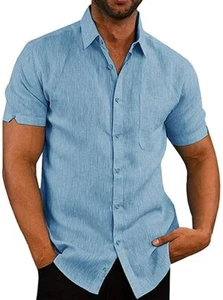 Men's Casual Spread Collar Short Sleeve Button Up Solid Shirt Tops Blue L - Picture 1 of 5