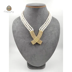 Three Layer Natural White Pearl 17" Necklace Yellow Yellow Gold Plated Crystal - Picture 1 of 22