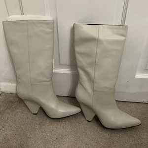 Reiss Women Jax Leather Mid Calf Length Cone Heel Plum Boots Size Uk 7, Rrp£275 - Picture 1 of 6