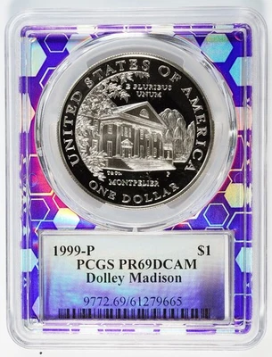 1999 Dolley Madison Silver Proof U.S. Mint $1 Coin PCGS PR69DCAM - Purple Core - Image 1 of 2