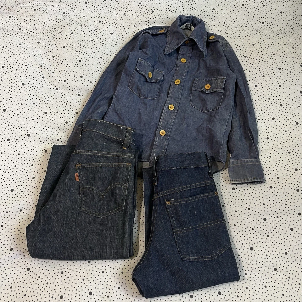 Camisa de mezclilla vintage de los años 70 para niños pequeños (lote de 3) Levi's Flare Jeans Sears Foto 1 de 4