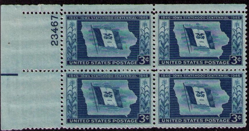 US USA Sc# 942 MNH FVF PLATE # BLOCK Iowa Statehood Map Flag Corn Stalks - Image 1 of 1