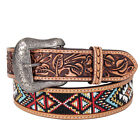 BE Bar H Equine Hand Carved Western Leather Belt Men Women Beaded