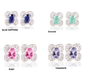 925 Sterling Silver Ruby, Blue Sapphire, Emerald Floral  Stud Earrings Jewelry - Picture 1 of 9
