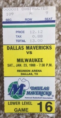 Jan. 23,1988 MILWAUKEE BUCKS vs. DALLAS MAVERICKS GAME TICKET STUB TIX Free Ship - Image 1 of 2