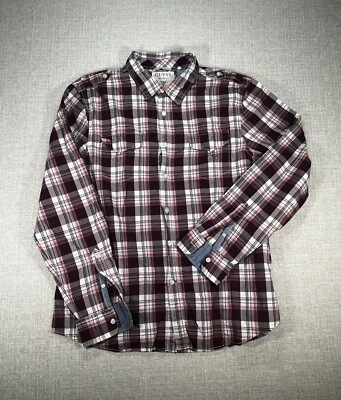 Camisa Guess Adulto Extra Grande Roja A Cuadros Abotonada Manga Larga Clásica Logo Para Hombre Foto 1 de 4