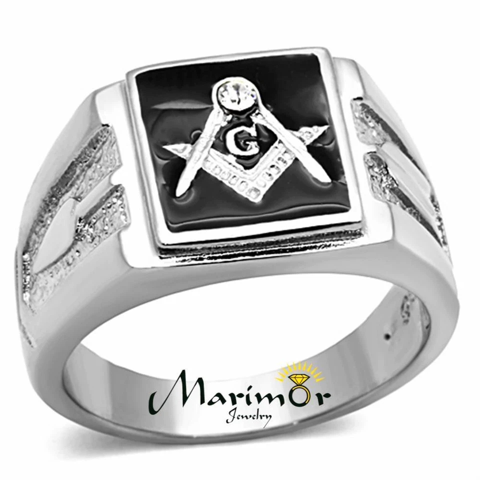 Men's Stainless Steel Tusk 316 Crystal Masonic Lodge Freemason Ring Band Sz 8-13 - Image 1 of 4