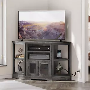 Farmhouse Corner TV Stand for 55 Inch Entertainment Center with Power Outlets - Picture 1 of 9