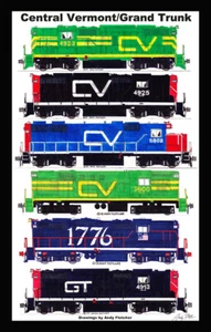 Póster enmarañado de locomotoras Central Vermont 12""x18"" firmado por Andy Fletcher - Imagen 1 de 1