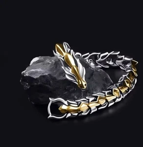 Gold Stainless Steel Dragon Head Viking Biker Heavy Clasp Cuff Bangle Bracelet - Picture 1 of 4