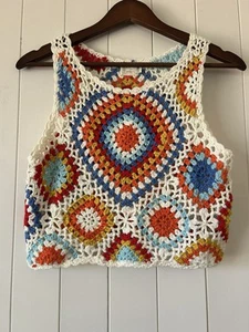 Dreamers By Debut Multi Colored Granny Crochet Crop Top Size M/L Festival Outfit - Picture 1 of 4