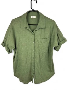 Pact Women’s Olive Green Organic Cotton Slub Button Up S/S Shirt Size M Beach - Picture 1 of 10
