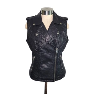 Blanc Noir Women's Black Faux Leather Moto Style Vest Size S Lined Zip Pockets - Picture 1 of 12