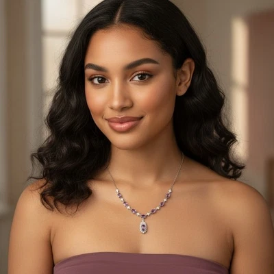 925 Sterling Silver Necklace 6x4mm Natural Amethyst Gemstone Pendant Cute Gift - Image 1 of 4