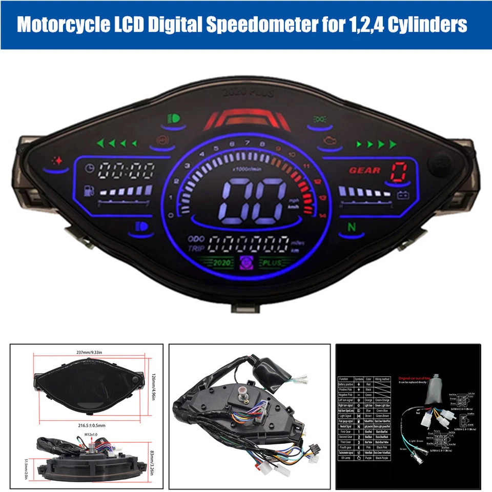 Velocímetro digital LCD para motocicleta odómetro tacómetro medidor para 1,2,4 cilindros Foto 1 de 4