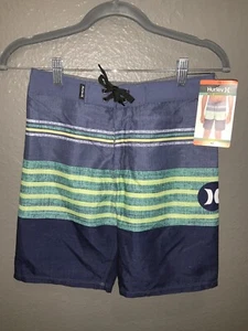 HURLEY Boys Blue w/Green Stripes Board Shorts Size 12 NWT - Picture 1 of 3