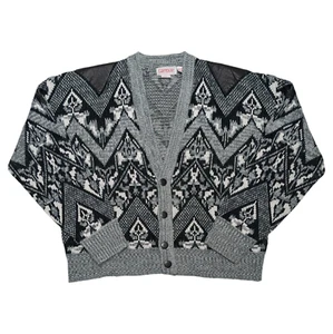 Vintage 80s Geometric Grandpa Button Sweater Mens M Leather Cardigan Retro Knit - Picture 1 of 18