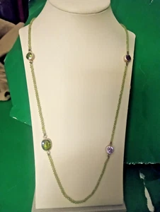 Vintage Sterling Amethyst & Peridot Necklace. 30" - Picture 1 of 6