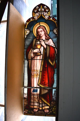 Nice Older German Stained Glass Window of St. John Evangelist (R23) chalice co Cover