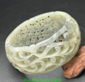 3" Chinese Natural Hetian Jade Carve Hollow Peony Flower Bird Bracelet Bangle - Picture 1 of 9