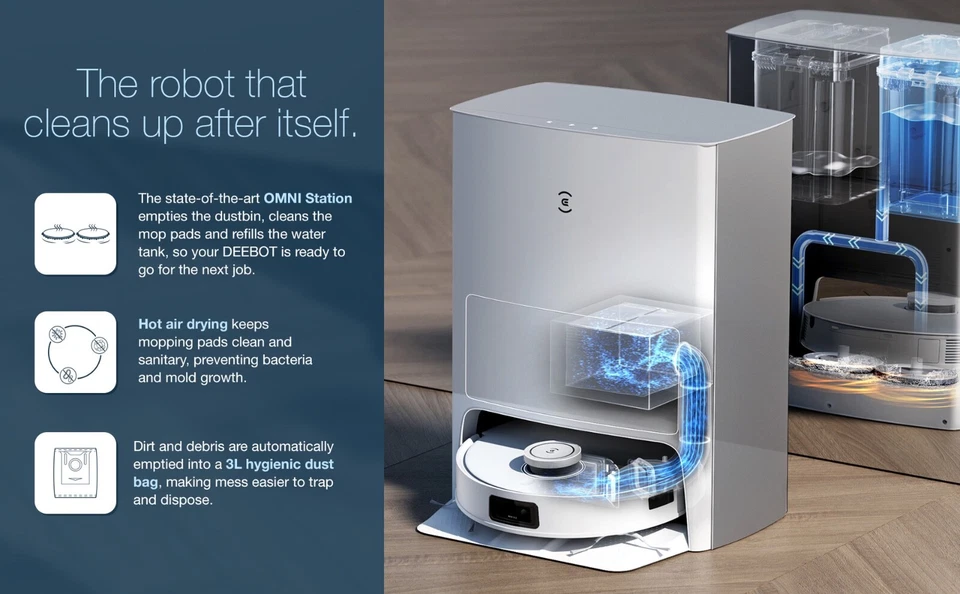 Ecovacs Deebot T10 Omni Allinone 机器人真空和拖把组合带工厂 Bo G3D — 第 1/4 张图片