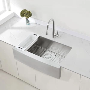 Stainless Steel Farmhouse Kitchen Sink (33-Inch Apron Front, 16-Gauge Single Bow - Picture 1 of 8