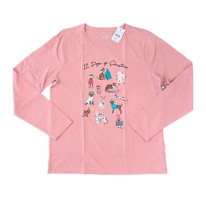 Neu mit Etikett J. Crew Damen rosa mit "12 Dogs of Christmas" Grafik T-Shirt - Größe M - Bild 1 von 6