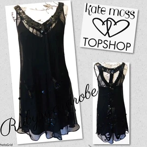 KATE MOSS TOPSHOP BLACK SHEER SEQUIN FLAPPER 20s PARTY MINI DRESS UK 10 - Picture 1 of 14