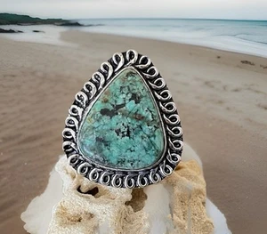 Size 7.5 African Turquoise Gemstone Ring -925 Sterling Silver plated- New - Picture 1 of 4