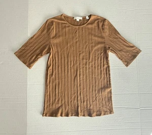 Vince Women's Casual Tan Ribbed Cotton Blend Elbow Sleeve Top Size Medium - Picture 1 of 8