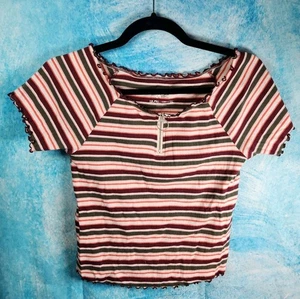 Justice Girls Size Multicolor 18-20 Short Sleeve Striped Zip Cropped Pullover - Picture 1 of 3