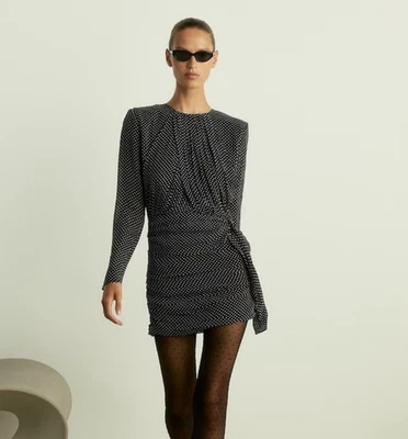 REISS Taylor Dress Black & White Polka Dot Georgette Ruched Size 12 RRP £198 VGC - Image 1 of 4