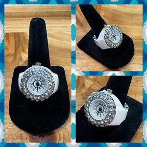 Trendy Watch Ring RETRO White , Full Finger Mini With Rhinestones Brand New - Picture 1 of 5