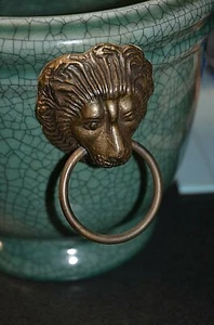 Green Ceramic Vase Brass Lion Handles Excellent Condition metal - Picture 1 of 8
