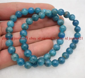 2pcs Natural High Quality Blue Apatite Crystal Round Gems Beads Bracelet 7.5" - Picture 1 of 13