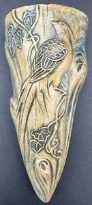 Vintage Japanese Pottery Wall Pocket Vase Leaves Bird Arts & Crafts Monochrome - Picture 1 of 15