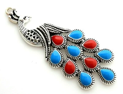 Pavo Real Pájaro Azul Rojo 3 + Pulgadas Tibetano Antiguo Plata Cuentas Focal Gota Colgante Foto 1 de 4
