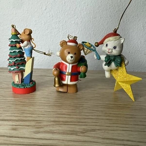 Animal Themed Christmas Ornament Set of 3 Vintage 90s Cat Mouse Bear School Star - Picture 1 of 20