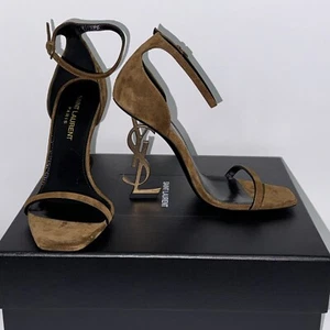 Sandalias de tacón de aguja Yves Saint Laurent YSL cachemir marrón opio 35,5 - Imagen 1 de 8
